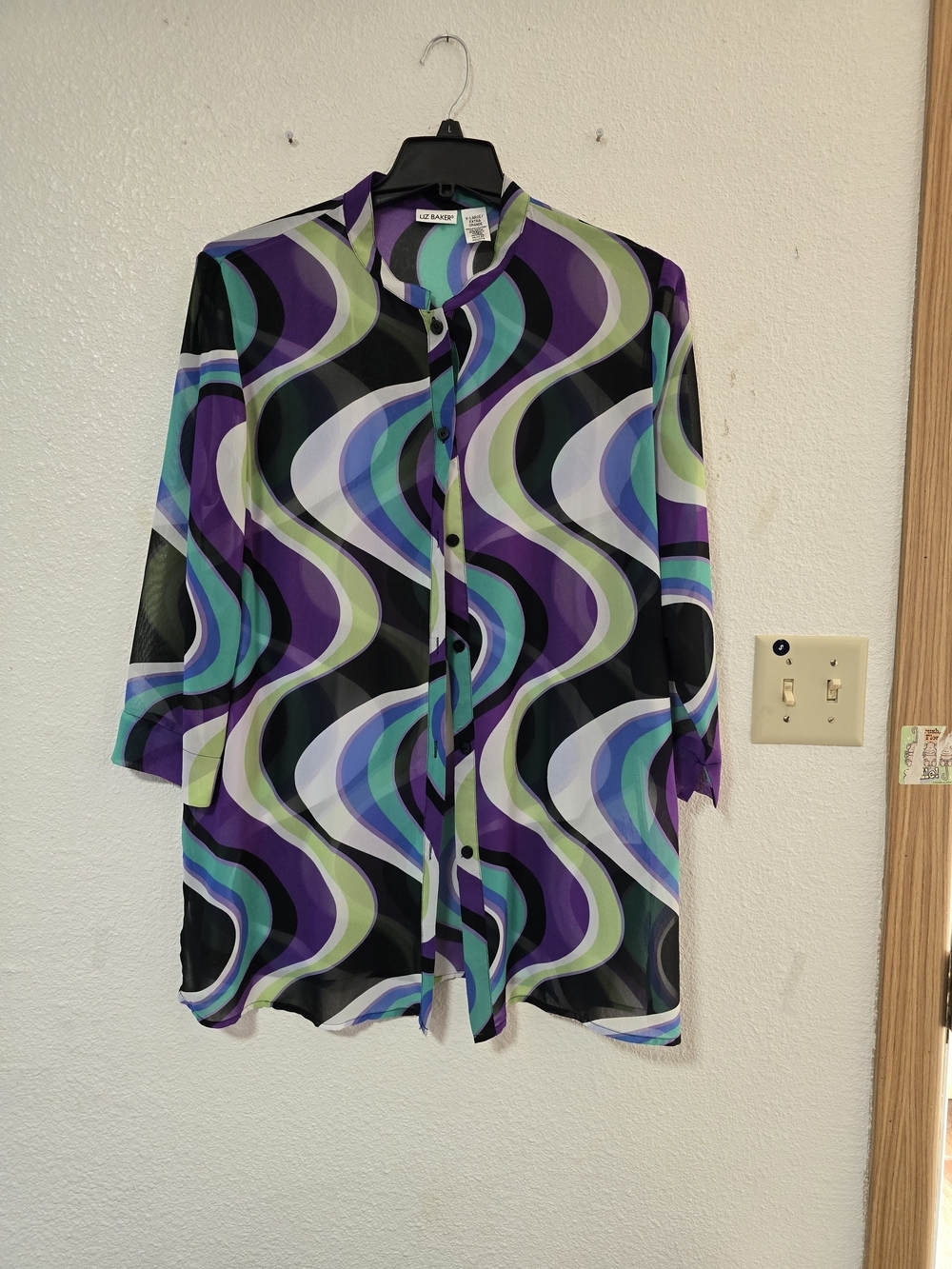 Liz Baker Purple Teal Black Patterned Blouse
